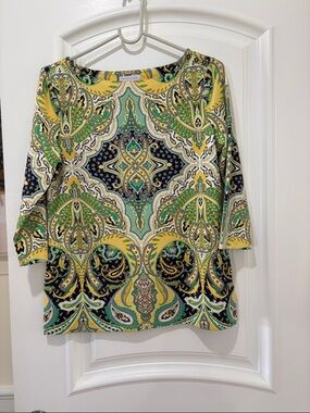 Charter Club Paisley-Print Stretch Top in Yellow, Green & Black 3/4 sleeves PM